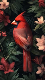 Scarlet cardinal poses like royal flame amid lush blossoms