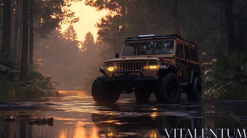 Off-road utility vehicle in rain-soaked forest at dusk.