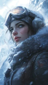 Female mountaineer portrait in harsh snowy conditions.