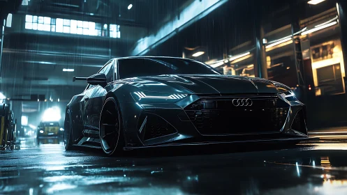 Low-angle view of dark Audi sedan in wet urban garage.