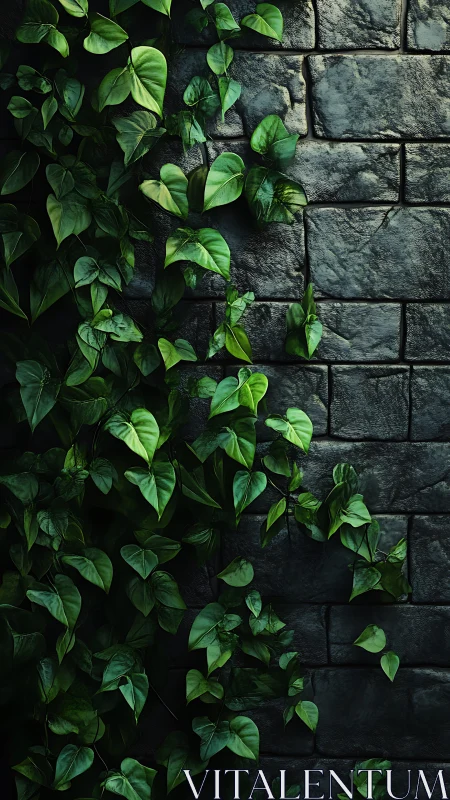 Green climbing vines on dark rectangular stone wall surface.