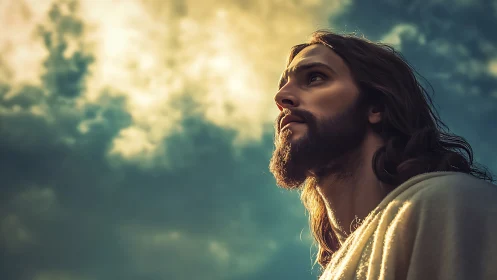 Cinematic low angle portrait of bearded robed man under glowing sky.