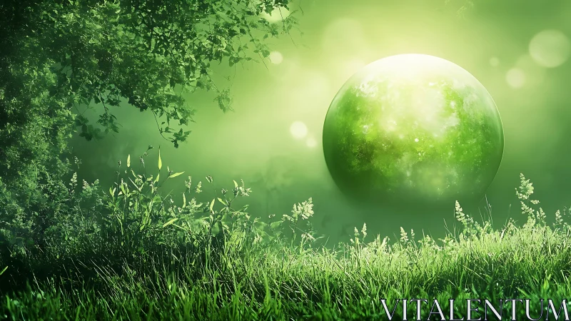 Surreal glowing green sphere in a lush mystical forest scene.