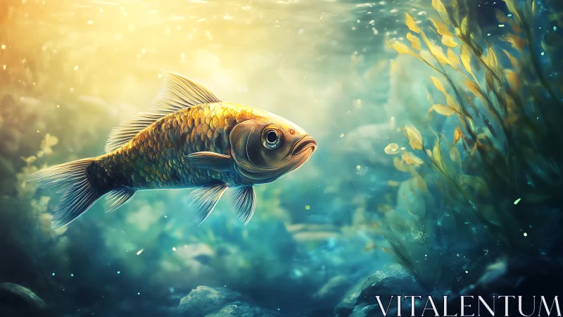 Golden fish glides through sunlit water in tranquil silence