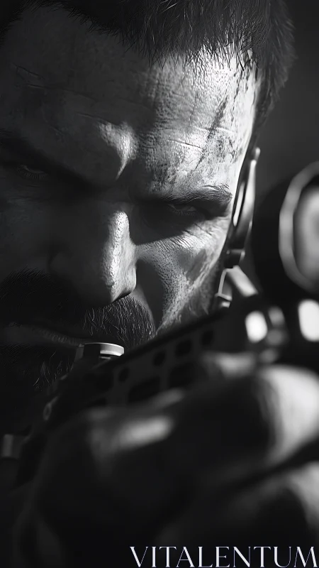 Tactical sniper locks scope with intense monochrome focus.