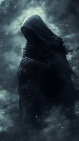 Hooded dark figure standing in dense swirling mist.