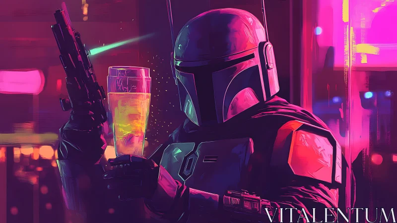 Helmeted space hunter toasting with neon-lit drink glass.