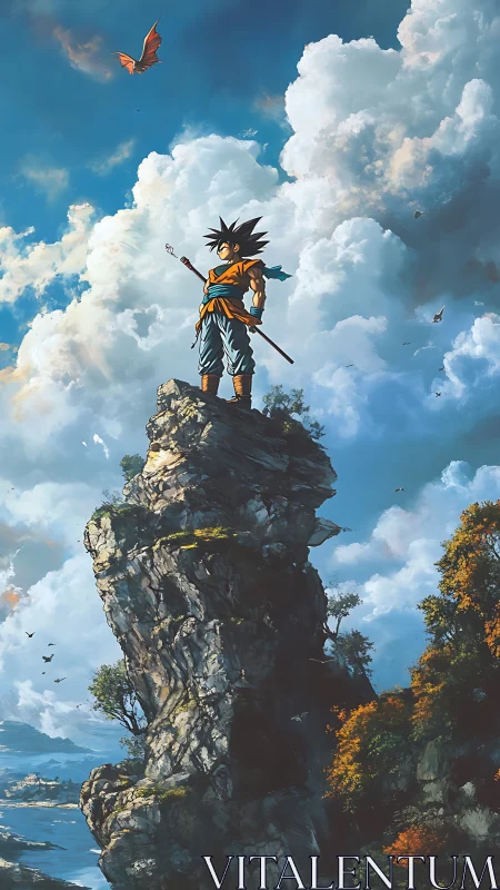 Anime warrior on rocky pinnacle under vast cloudy sky.