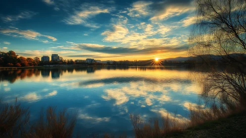 Urban lakeside sunrise with mirrored clouds over calm water.