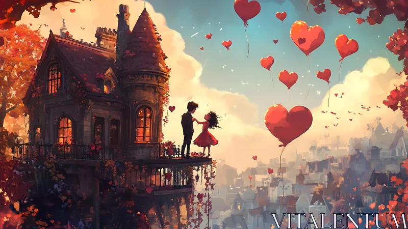 Romantic couple embrace on Victorian tower amid floating heart balloons.