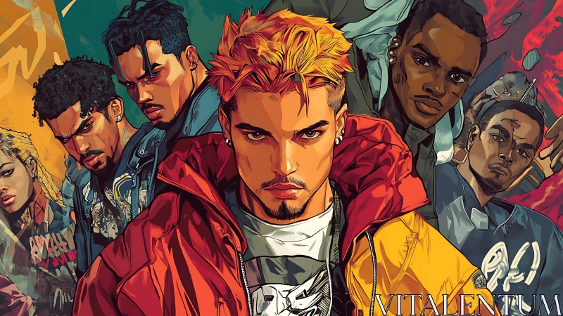 Urban ensemble portrait in high-saturation comic rendering.