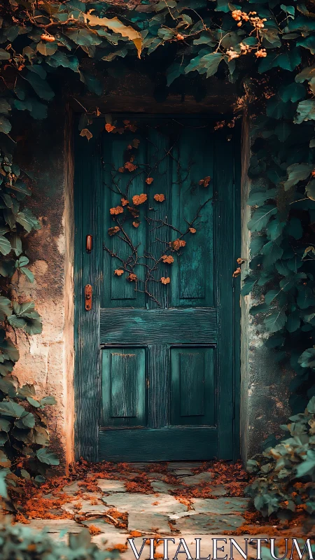 Weathered teal wooden door encased in dense creeping foliage