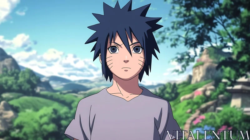 Young spiky haired wanderer studies a quiet green valley