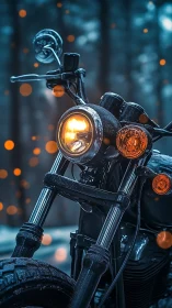 Winter-lit motorcycle waits in ember-kissed forest hush.