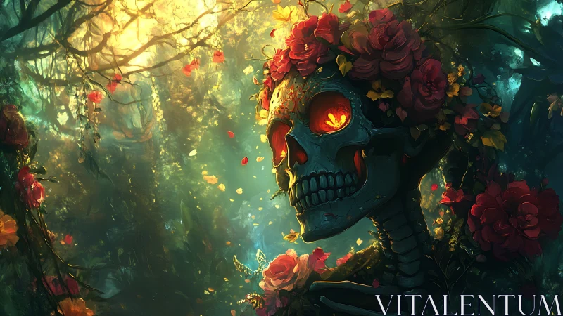 Floral crowned skull in glowing forest environment.