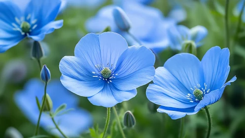 Blue Flax Flowers with Delicate Petals and Green Foliage.