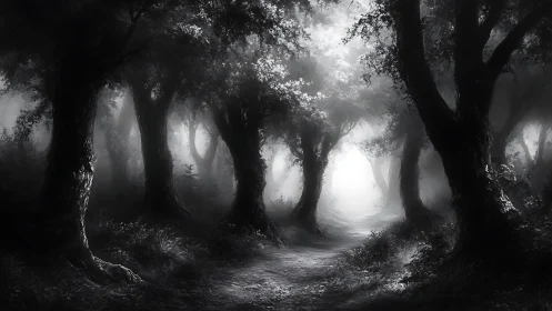 Moonlit forest path fades into a haunting silver mist