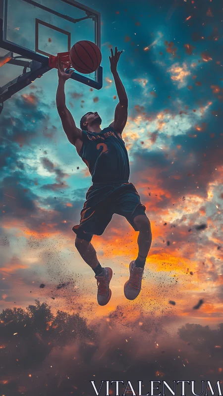 Basketball player jumps toward hoop against dramatic sky