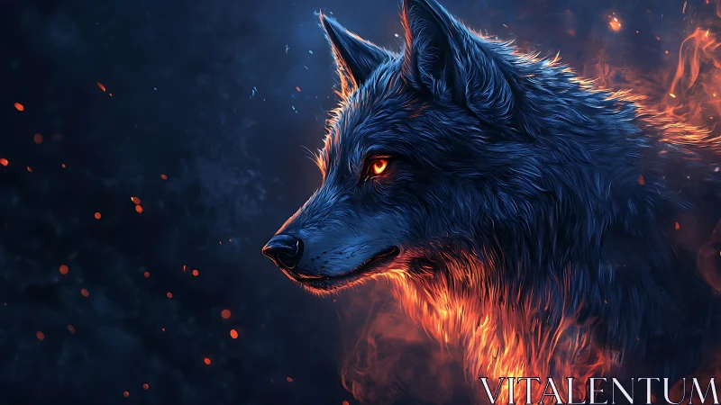 Side profile of wolf rendered in blue light and orange fire.