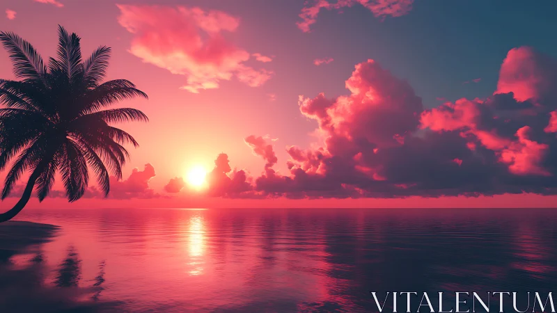 Palm silhouette against saturated pink ocean sunset.