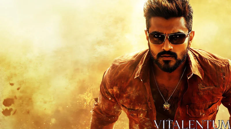 Male figure in sunglasses against yellow dust background.