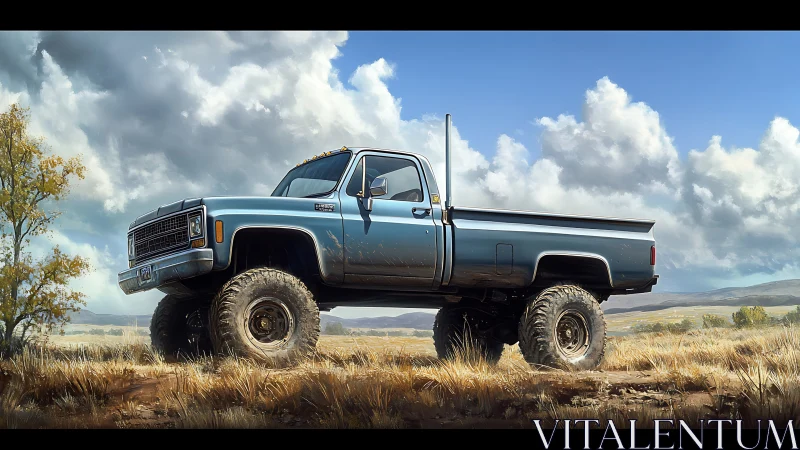 Lifted vintage pickup dominating bright rural plains scene.
