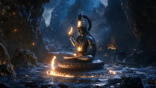 Cave of ember-lit divinity and midnight stone serenity.