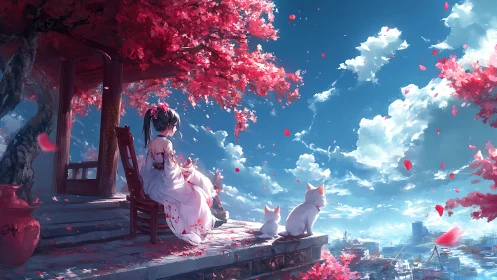 Anime girl and white cats overlook city beneath crimson blossoms