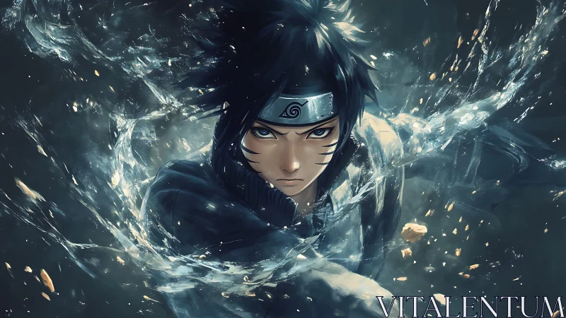 Storm-lit ninja charging through shattering water and light.