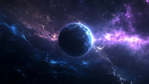 Backlit exoplanet silhouette encircled by ionized nebular gas