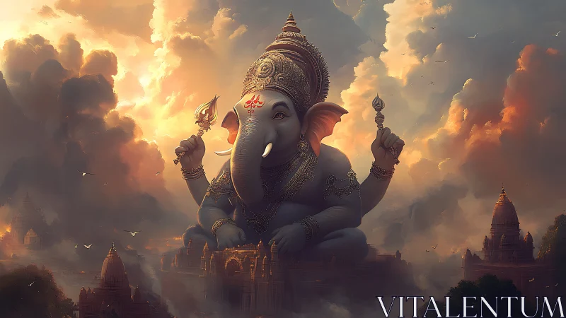 Colossal seated Ganesha deity amid luminous storm clouds