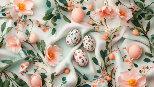 Painted Easter eggs rest among pastel blossoms on silk