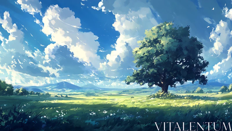 Solitary summer oak bathing in windswept skyglow fields.