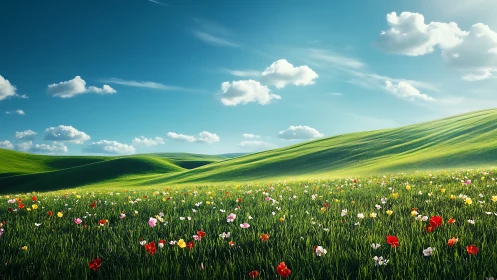 Grassy hills and wildflower field extend beneath clear sky