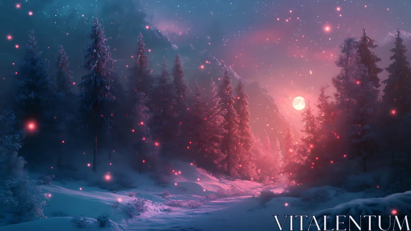 Enchanted winter forest under glowing pink moonlight.