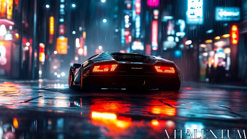 Low-slung supercar in neon-lit rainy cyberpunk city street at night