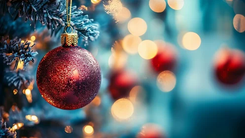 Red Christmas bauble on lit tree with soft festive bokeh.