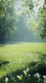 Sunlit meadow hush where wildflowers whisper softly.