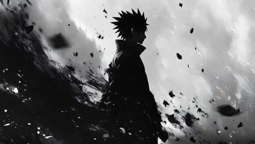 Solitary spiky haired figure stands amid swirling black debris