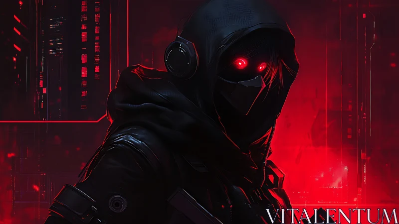 Cyber assassin stalks neon-infused crimson cityscape.
