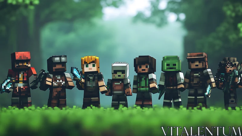 Voxel adventurer lineup with stylized depth-of-field forest render