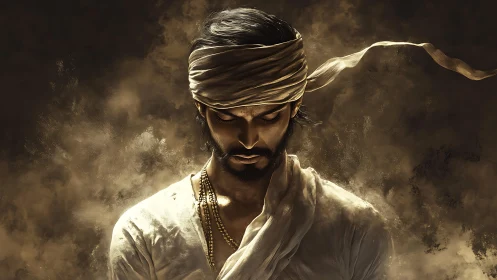 Male figure in headband amid diffuse, smoky backdrop.