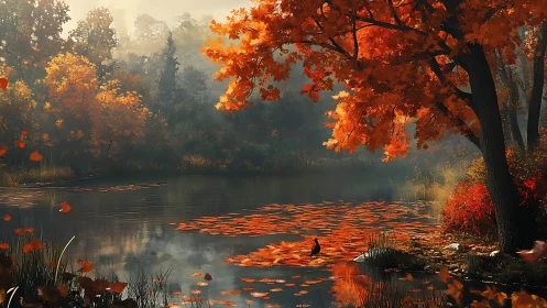 Autumn forest lake glows under fiery orange foliage at dusk.