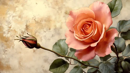 Coral rose bloom and bud on textured impasto background