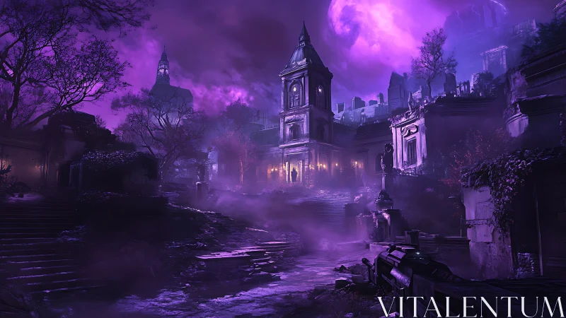 Gothic courtyard ruin under magenta volumetric moonlight haze