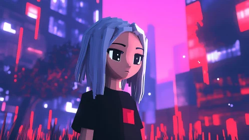 Cel-shaded anime avatar stands in neon-lit cyber cityscape