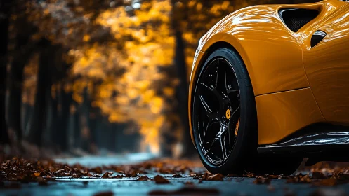 Golden sports car glows against blurred autumn forest road.