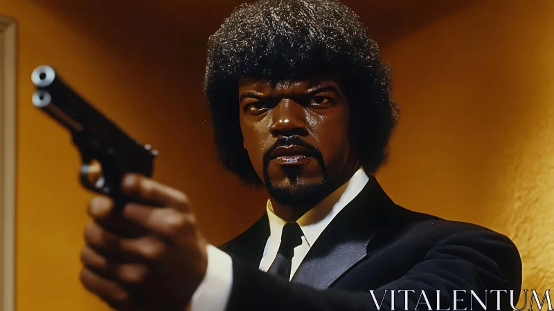 Intense suited man aiming handgun in warm corridor.