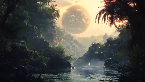 Enchanted jungle river under a glowing celestial sphere.