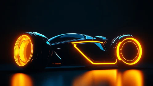 Neon-trimmed cybernetic concept car with emissive wheel geometry.